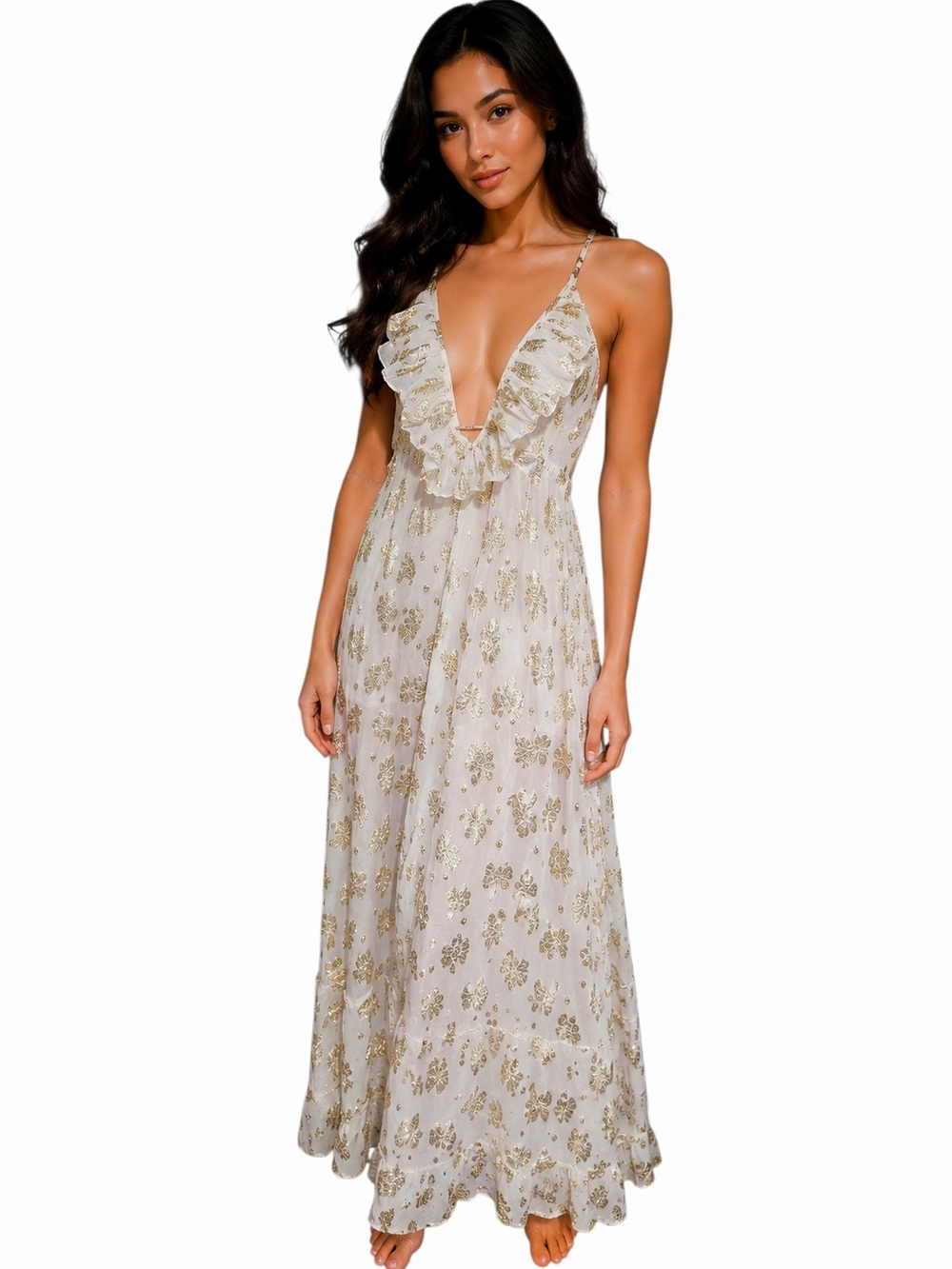 Zury Gold Metallic Floral Plunge Ruffle Maxi Dress Boho Resort Goddess One Size